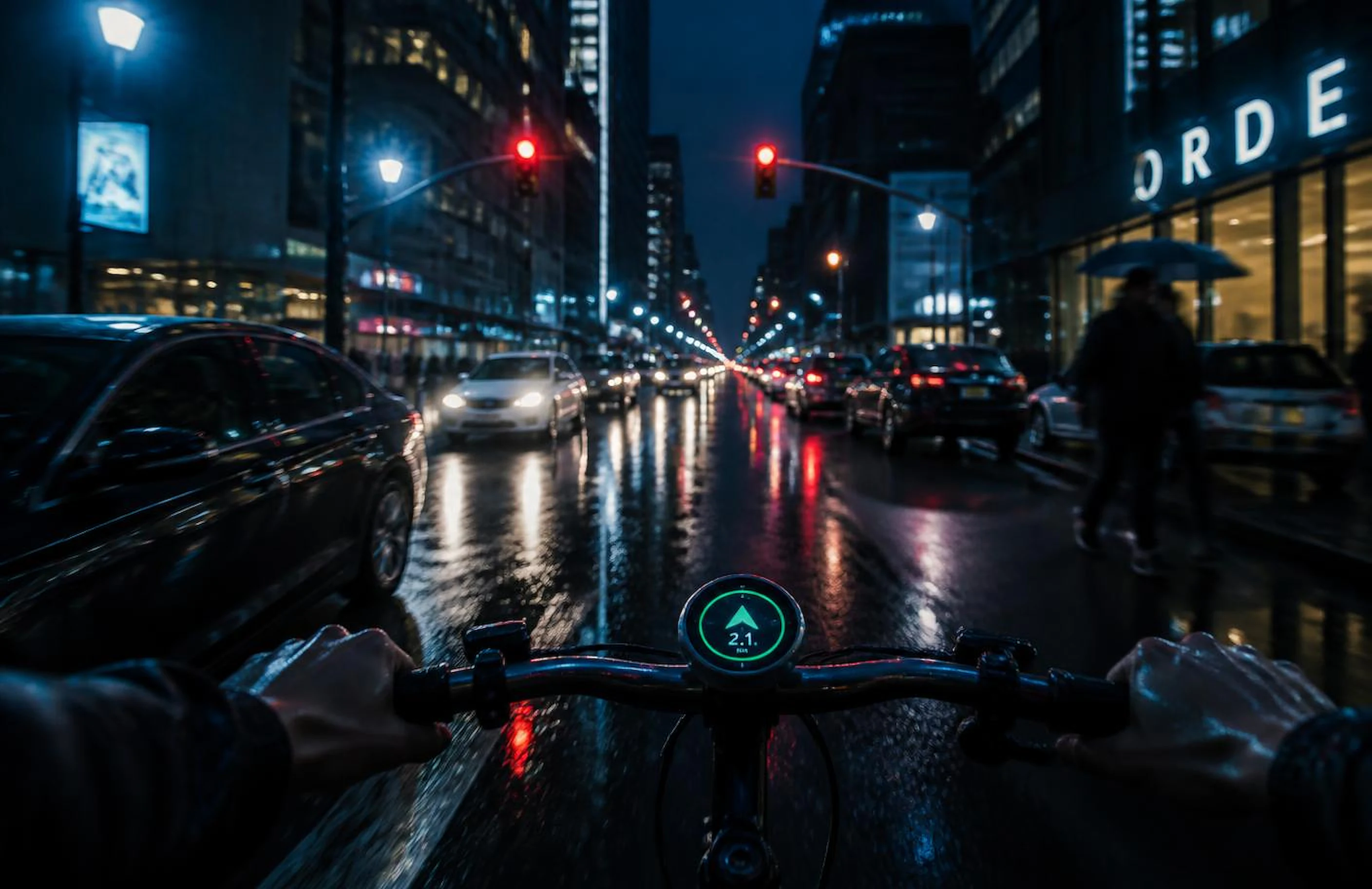 City cyclist riding through neon-lit rainy streets at night
