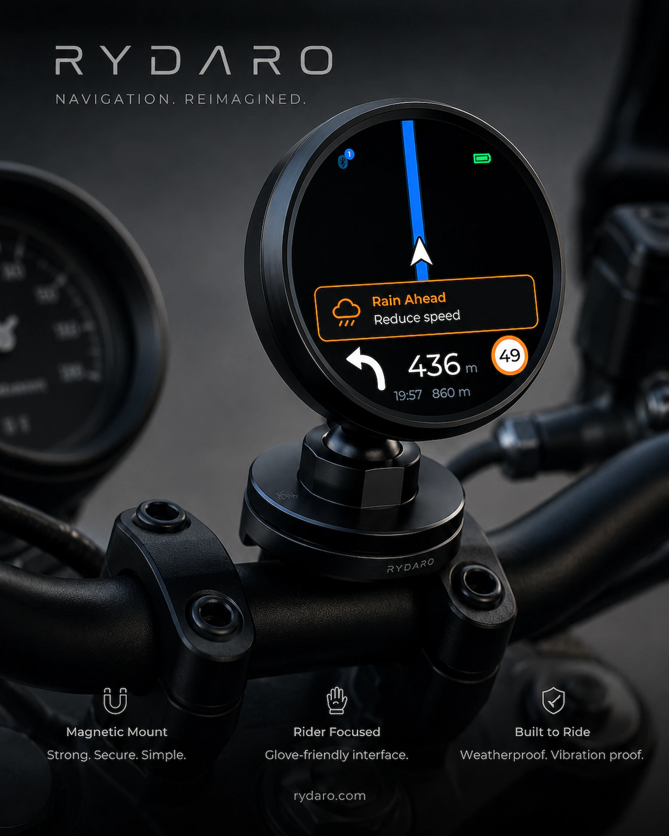 RYDARO screen showing a rain-ahead alert and speed limit while mounted on handlebars