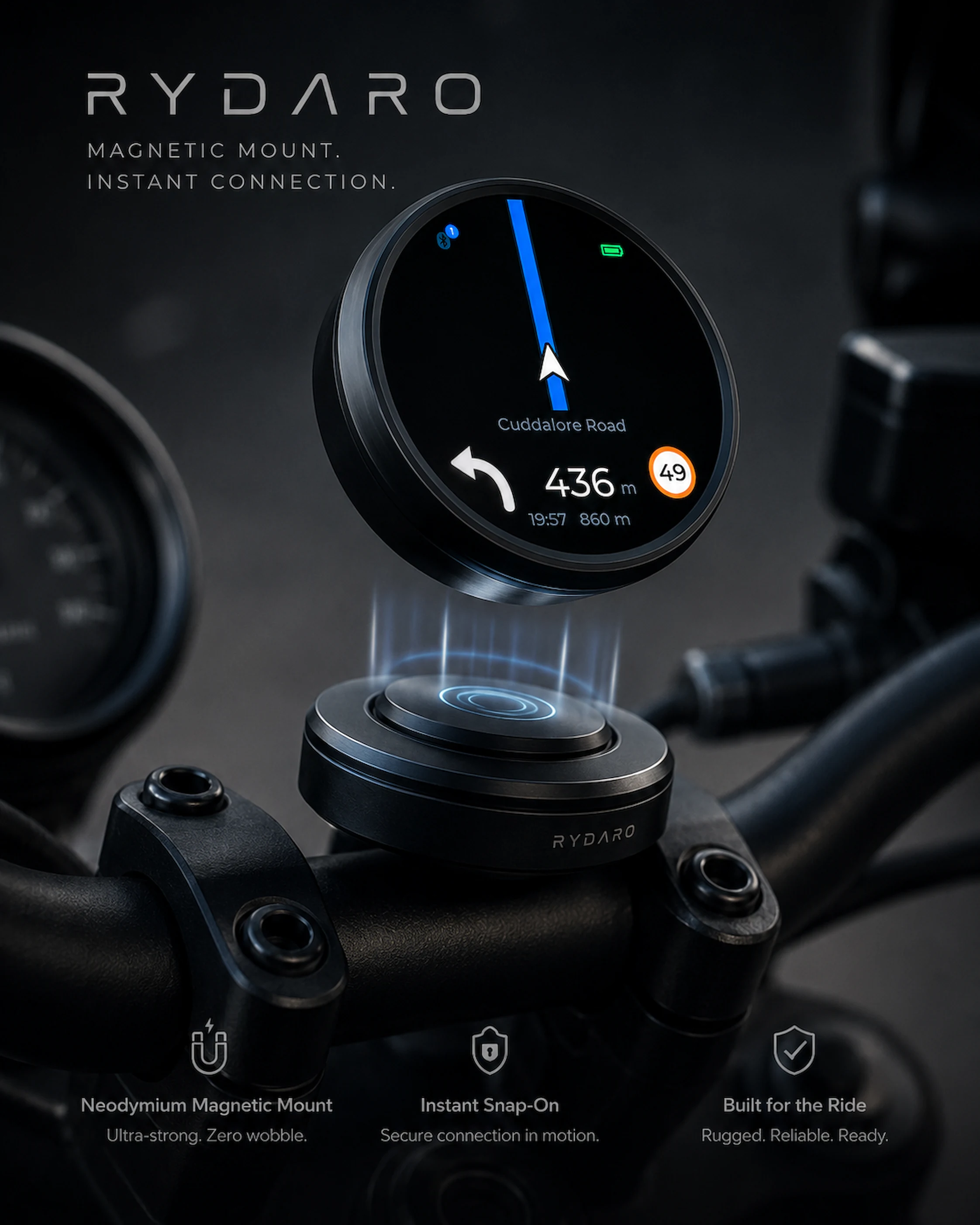 RYDARO device snapping onto its magnetic handlebar mount