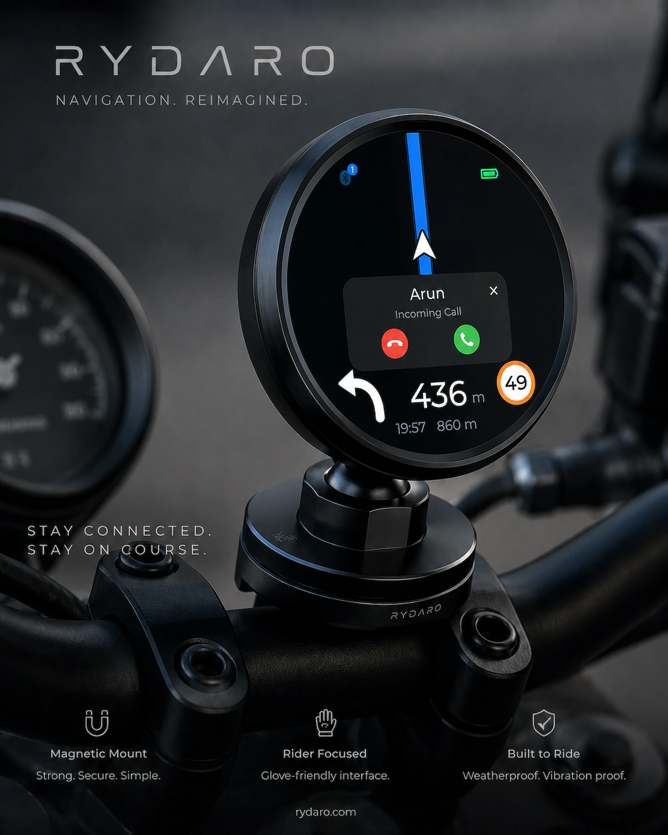 RYDARO turn guidance and high contrast live notification display