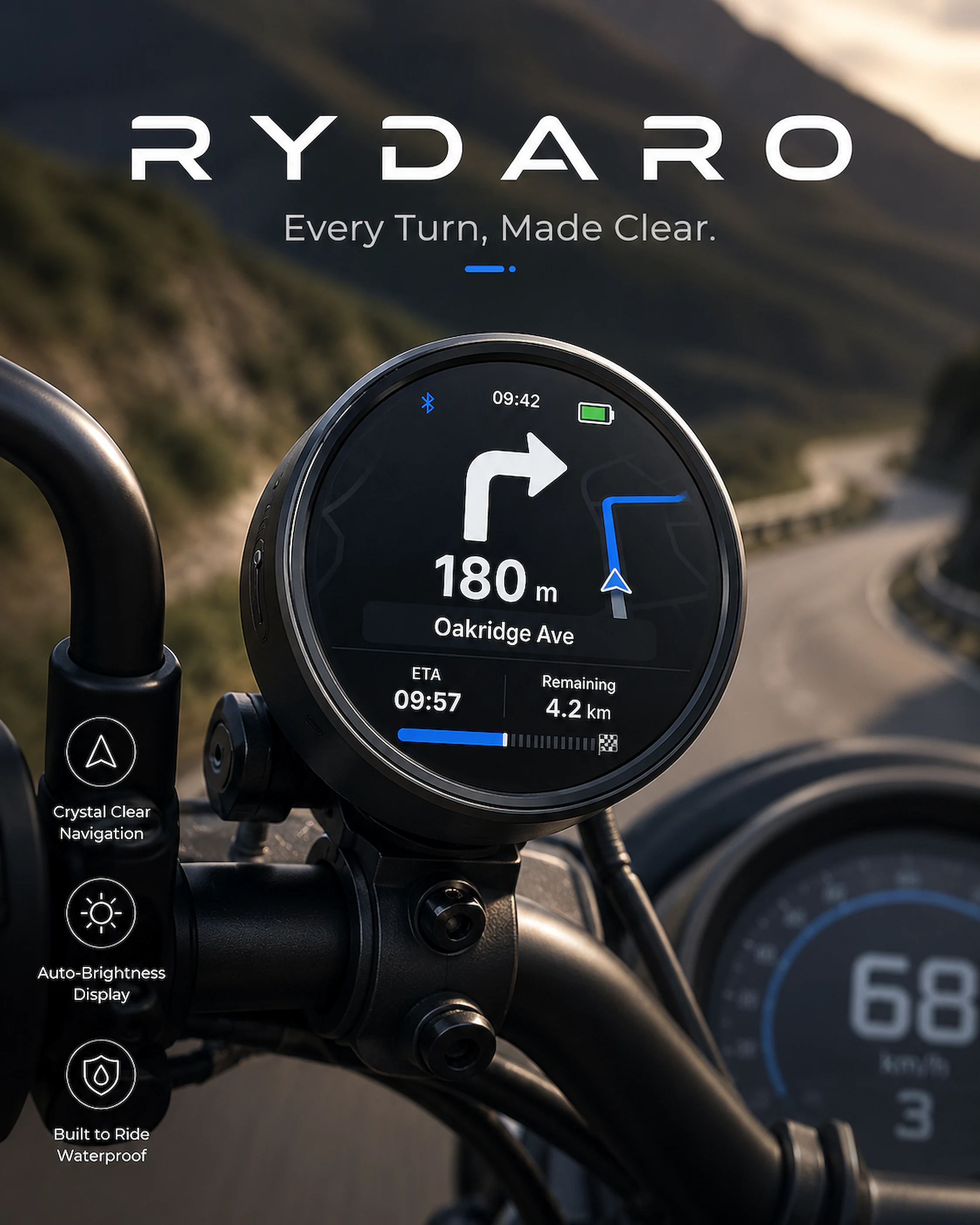 RYDARO mounted on a motorcycle riding a mountain pass